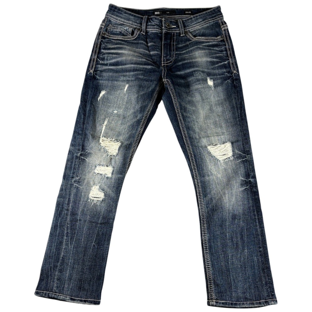 BKE Alec Straight Jeans Womens 28x30 Blue Denim Low Rise Y2K Rugged Distressed
